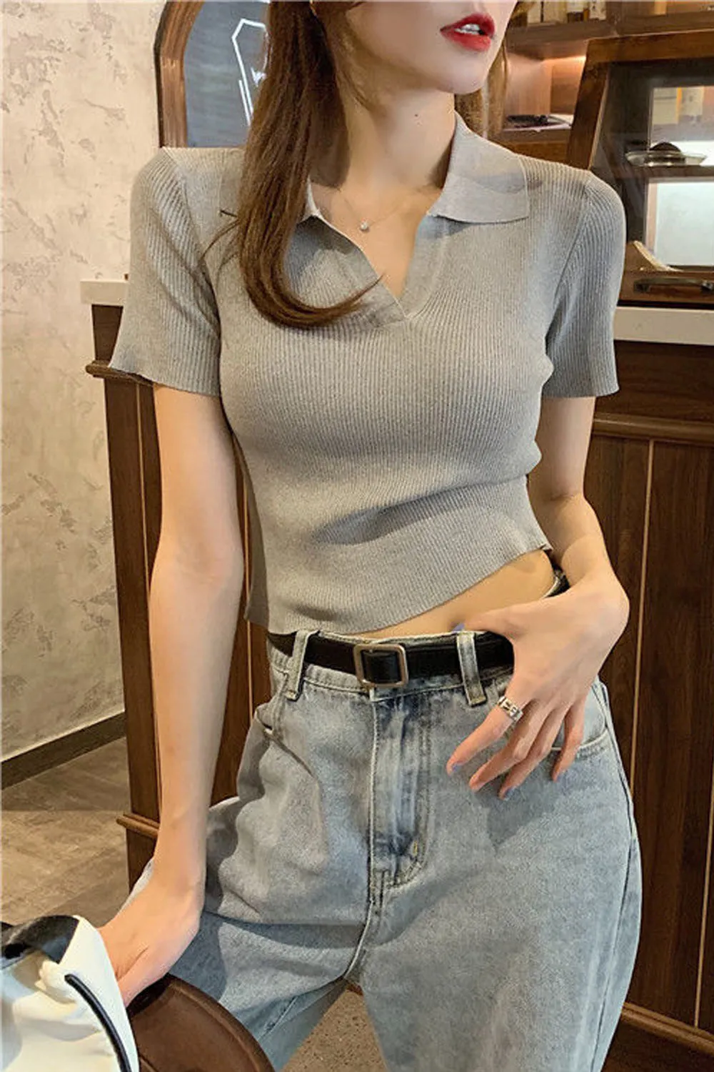 Lapel Collar Skinny Solid Slim Shirts