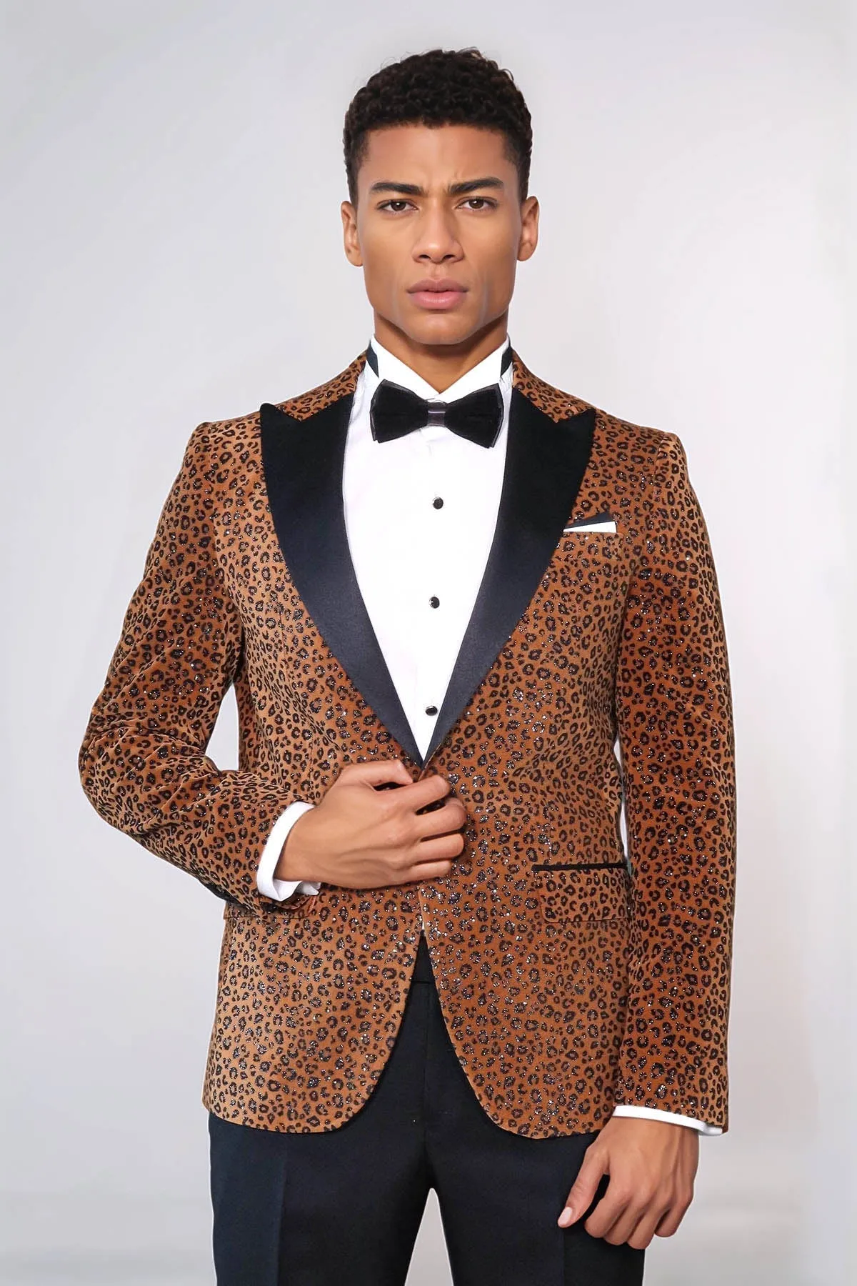 Leopard Pattern Slim Fit Peak Lapel Yellow Men Prom Blazer