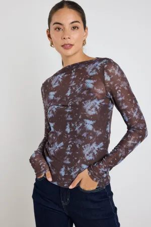 Light Chocolate Tie Dye Mesh Boatneck Top