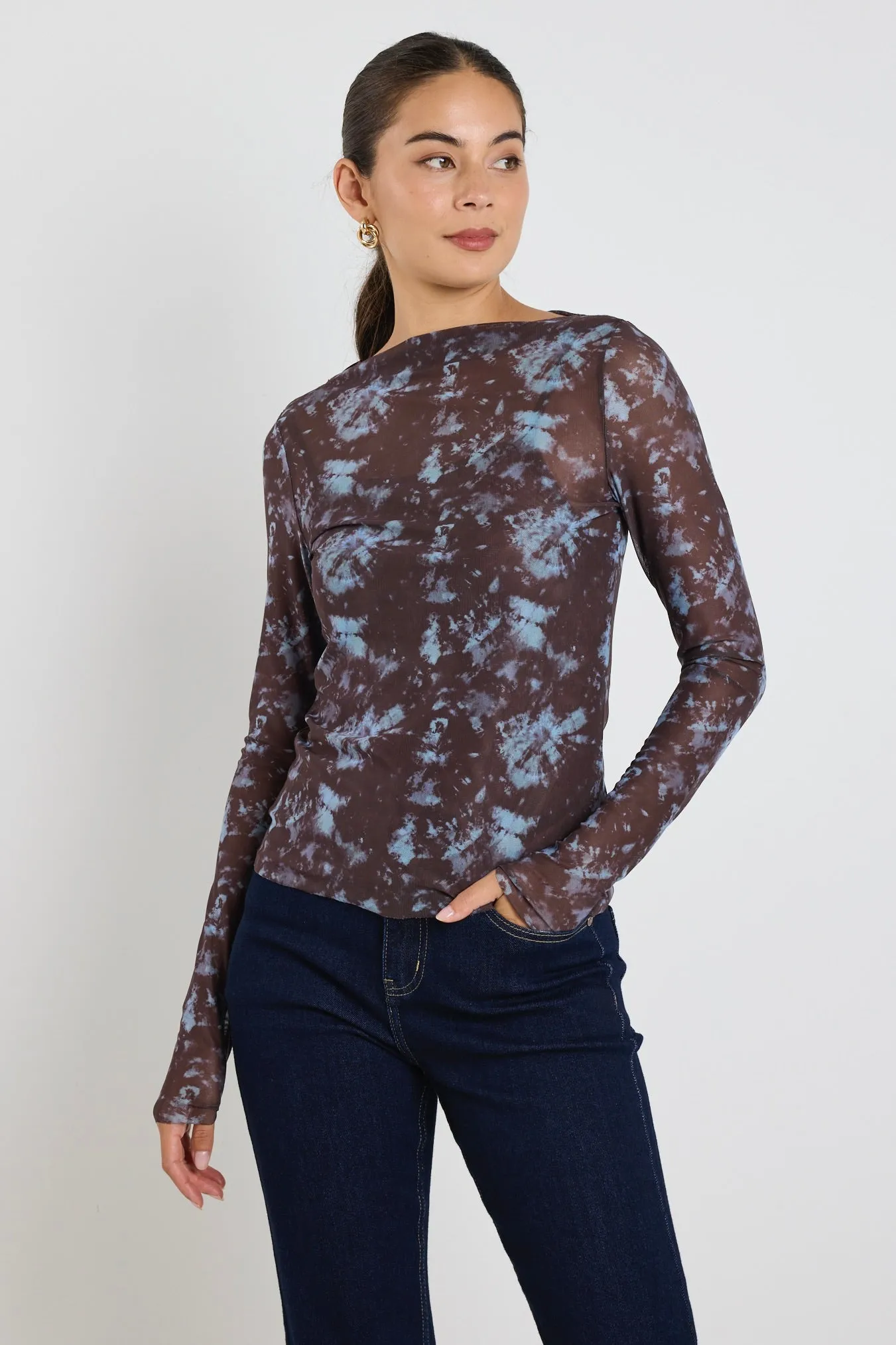 Light Chocolate Tie Dye Mesh Boatneck Top