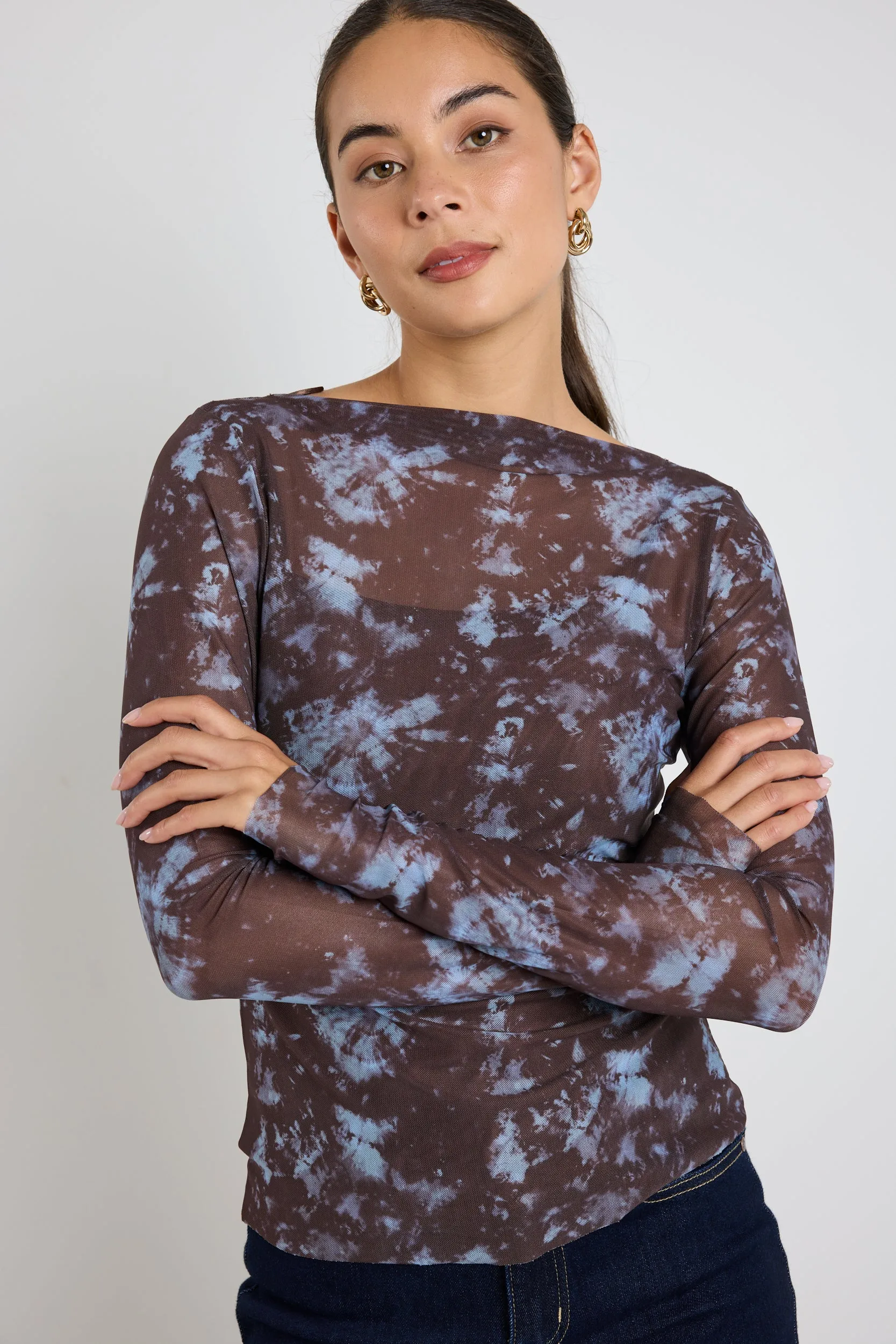 Light Chocolate Tie Dye Mesh Boatneck Top