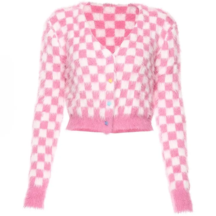 Limona Fuzzy Pink Checkerboard Cropped Cardigan
