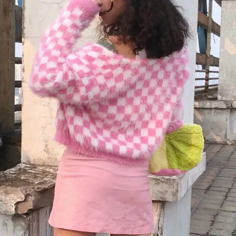 Limona Fuzzy Pink Checkerboard Cropped Cardigan