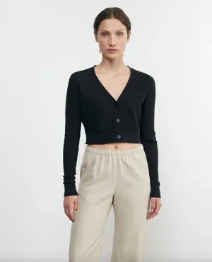 Linen Open Knit Cropped V Neck Cardigan - Black