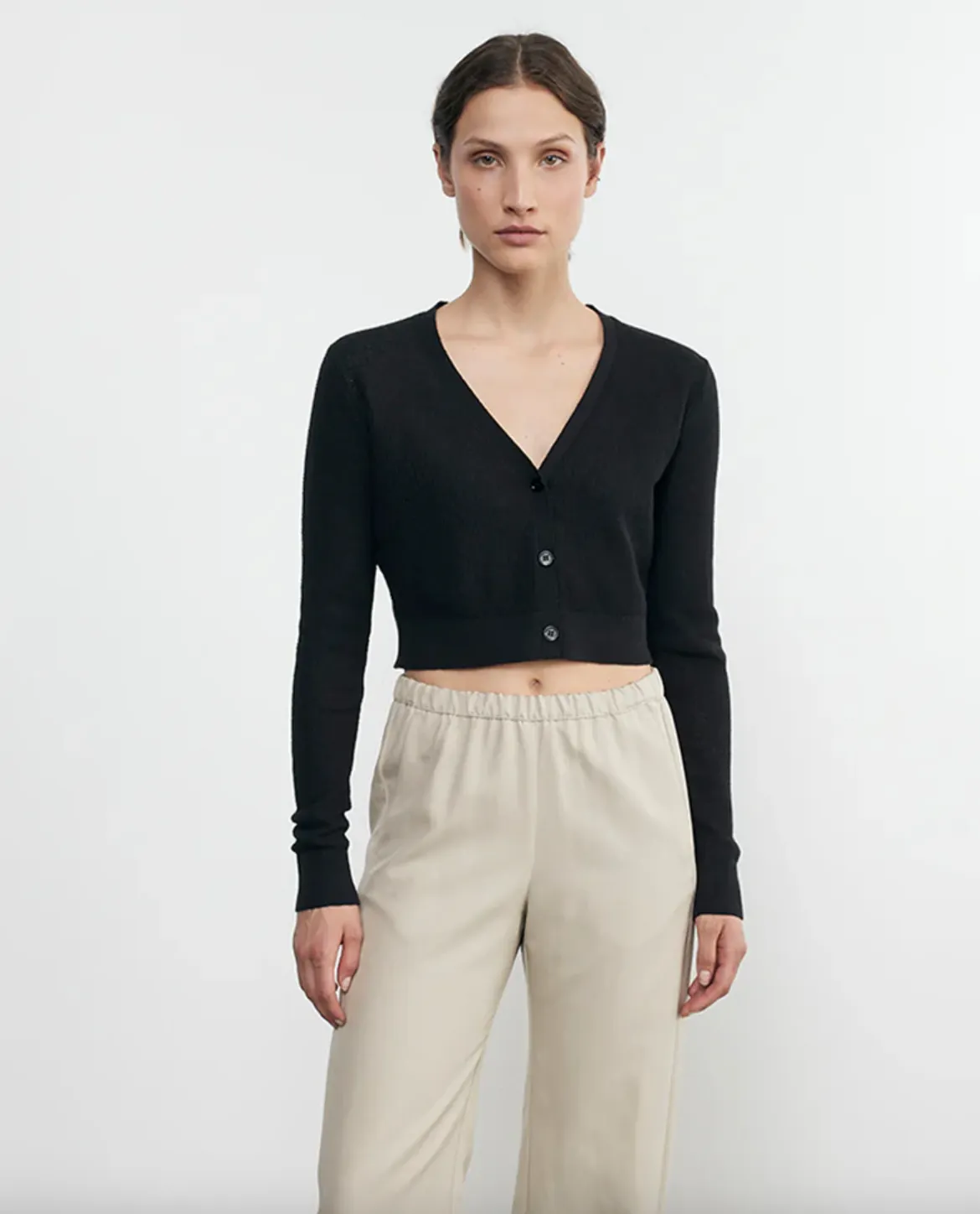 Linen Open Knit Cropped V Neck Cardigan - Black