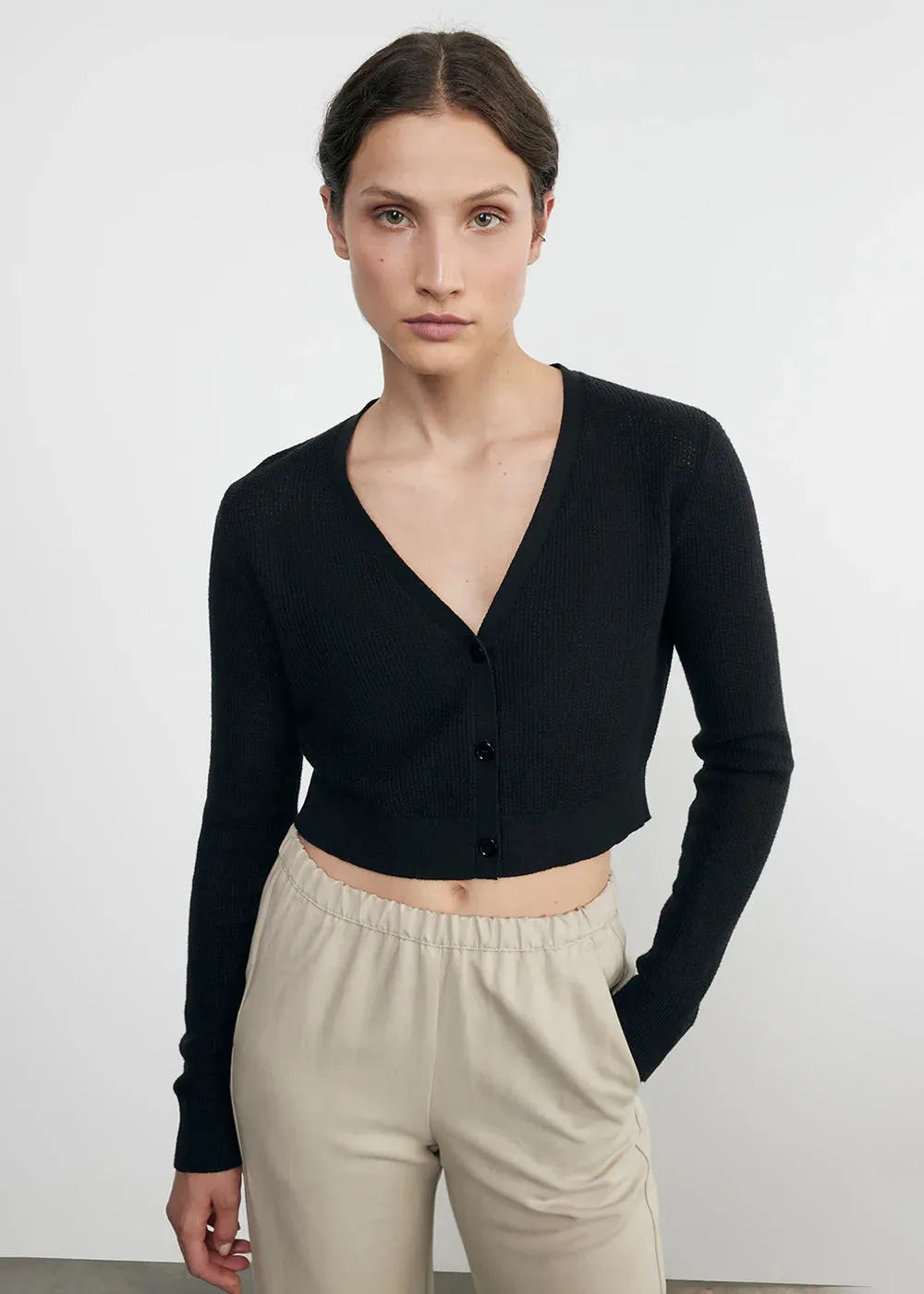 Linen Open Knit Cropped V Neck Cardigan - Black
