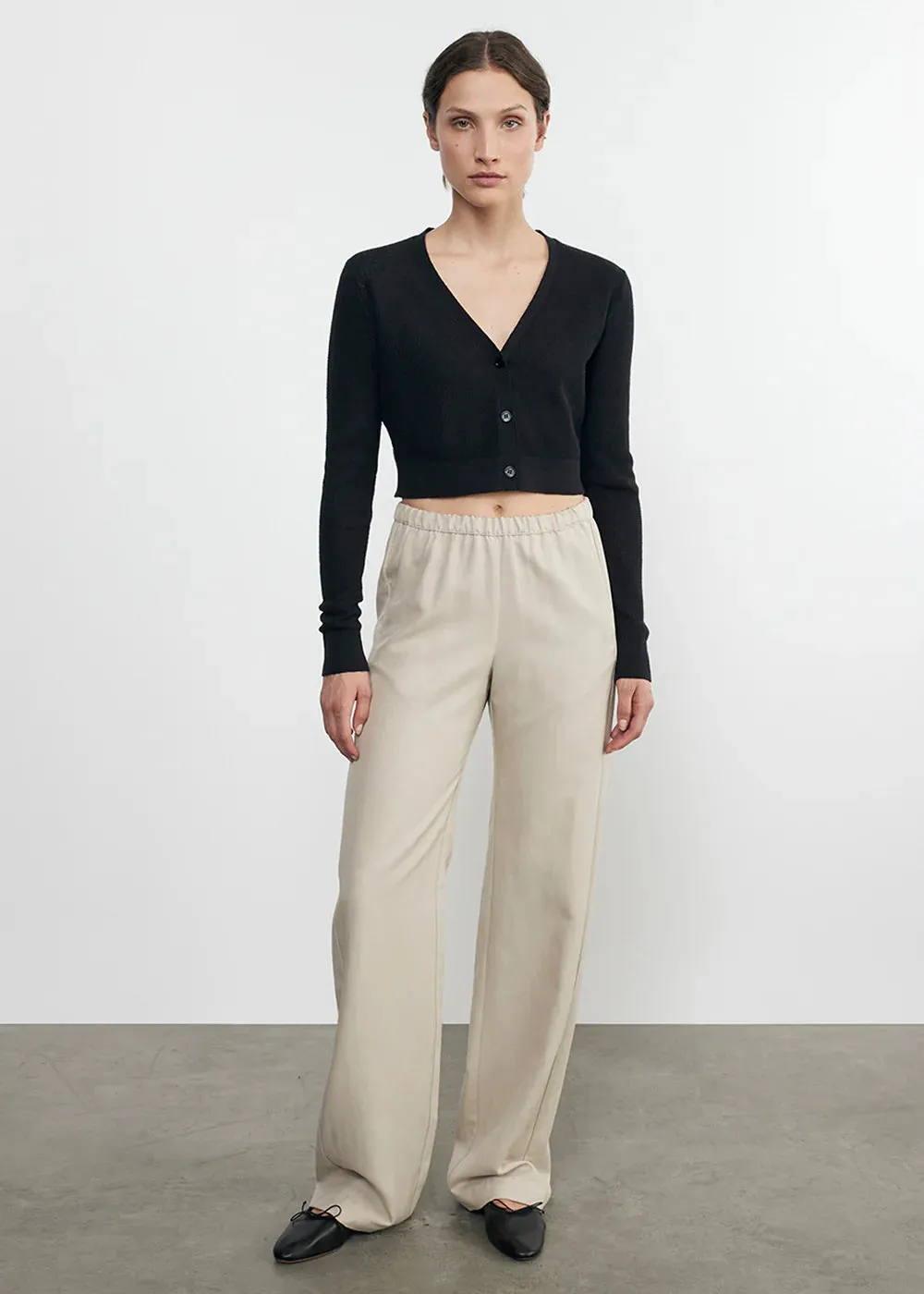 Linen Open Knit Cropped V Neck Cardigan - Black