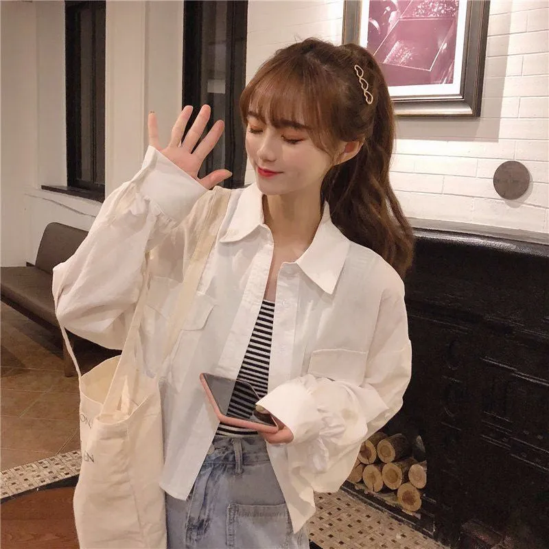 Long Sleeve Turn Down Collar Cropped Shirts