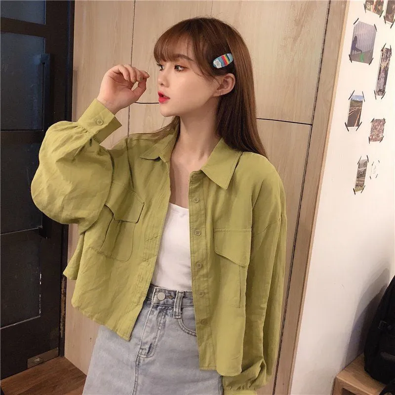 Long Sleeve Turn Down Collar Cropped Shirts