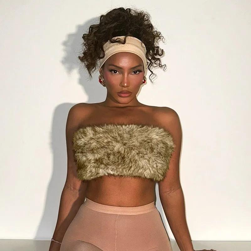Luxurious Furry Strapless Backless Crop Top for Bold Winter Style