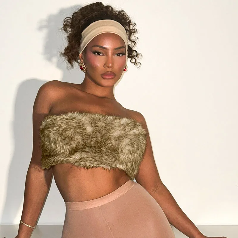 Luxurious Furry Strapless Backless Crop Top for Bold Winter Style