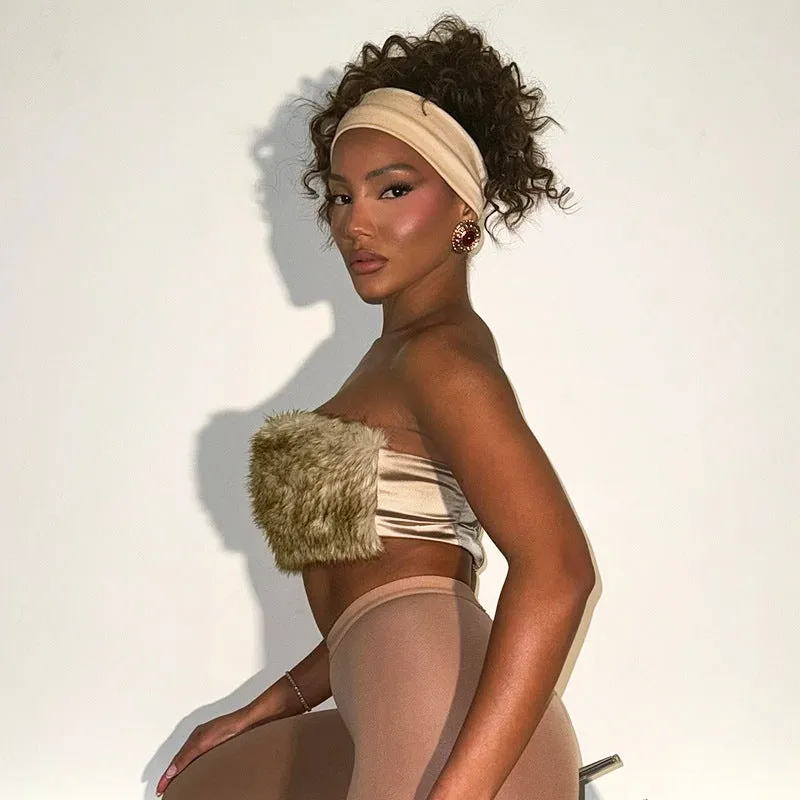 Luxurious Furry Strapless Backless Crop Top for Bold Winter Style