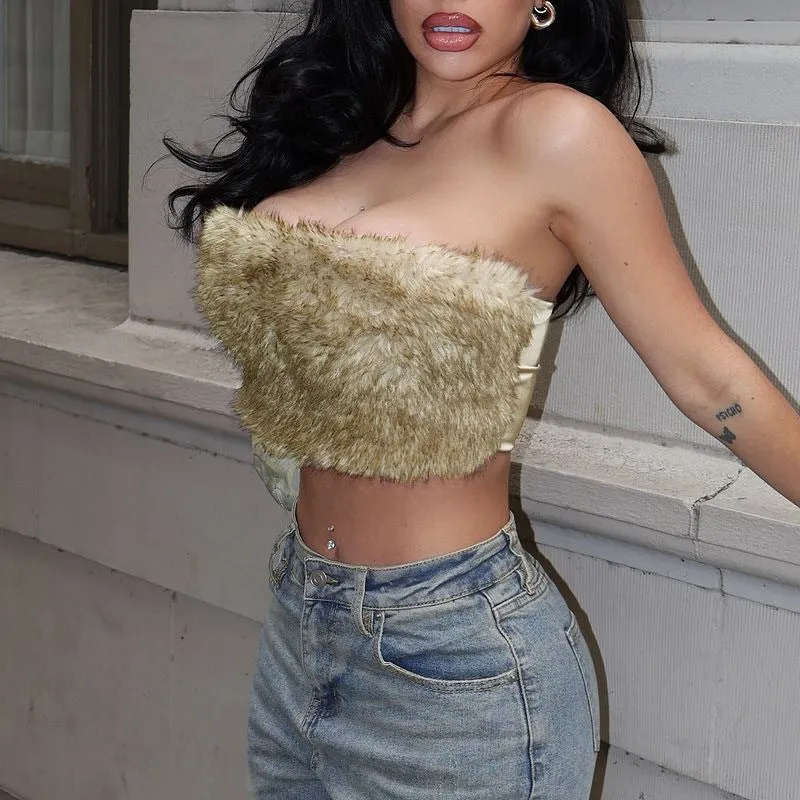 Luxurious Furry Strapless Backless Crop Top for Bold Winter Style