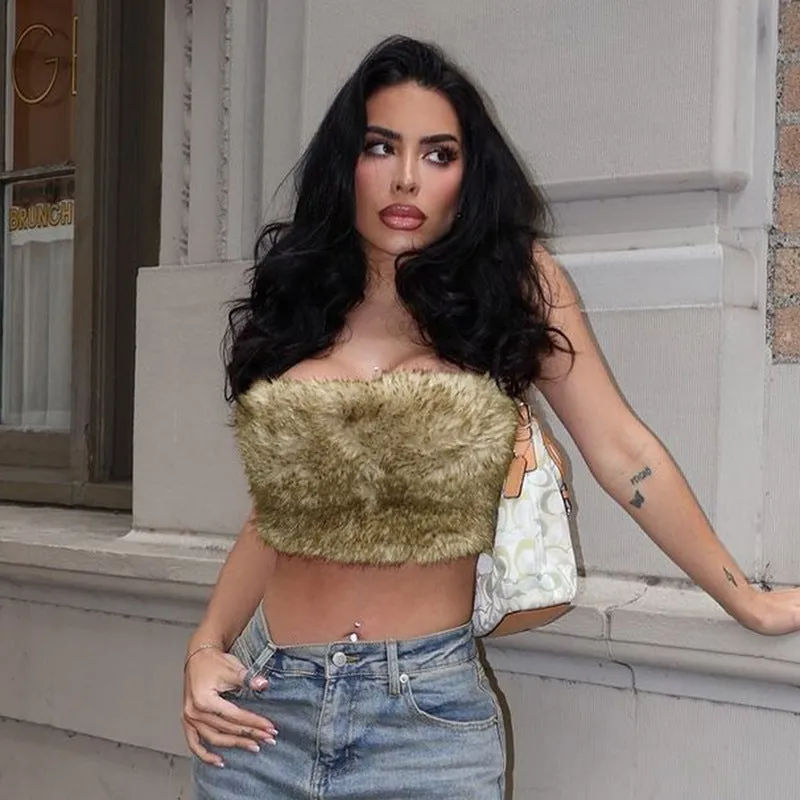 Luxurious Furry Strapless Backless Crop Top for Bold Winter Style