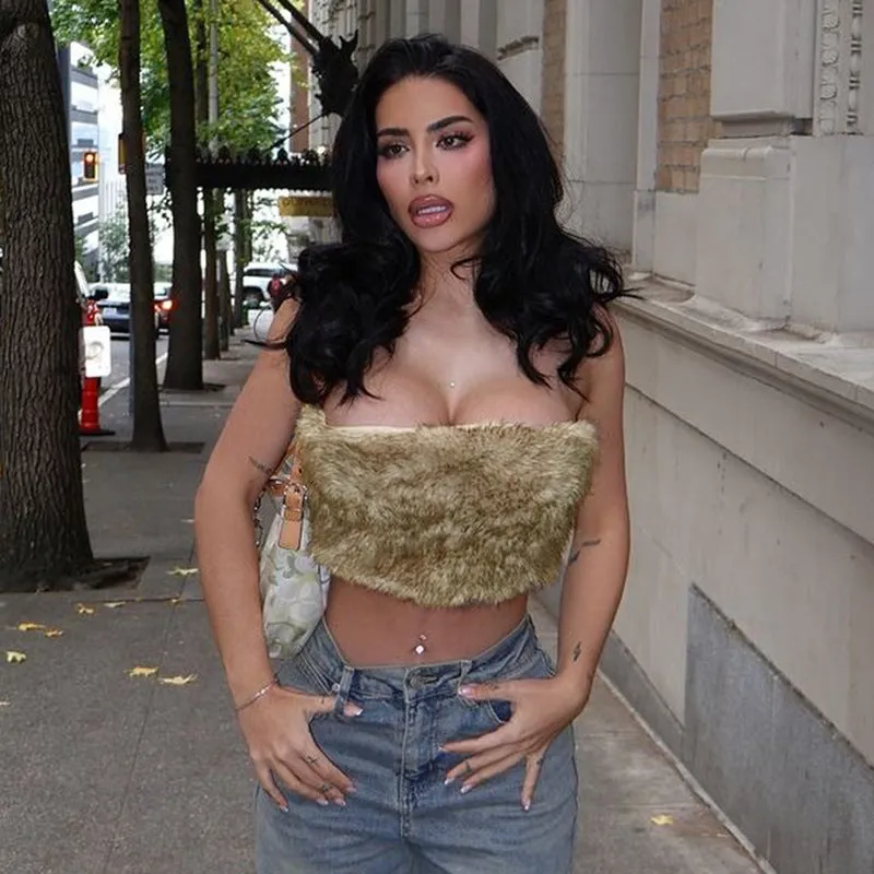 Luxurious Furry Strapless Backless Crop Top for Bold Winter Style