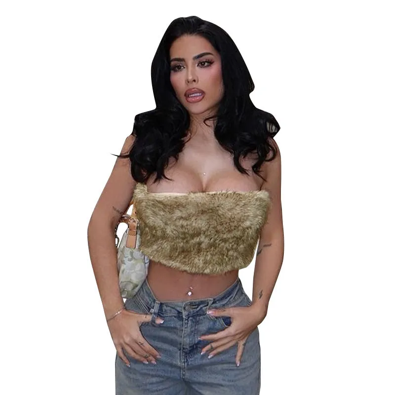 Luxurious Furry Strapless Backless Crop Top for Bold Winter Style