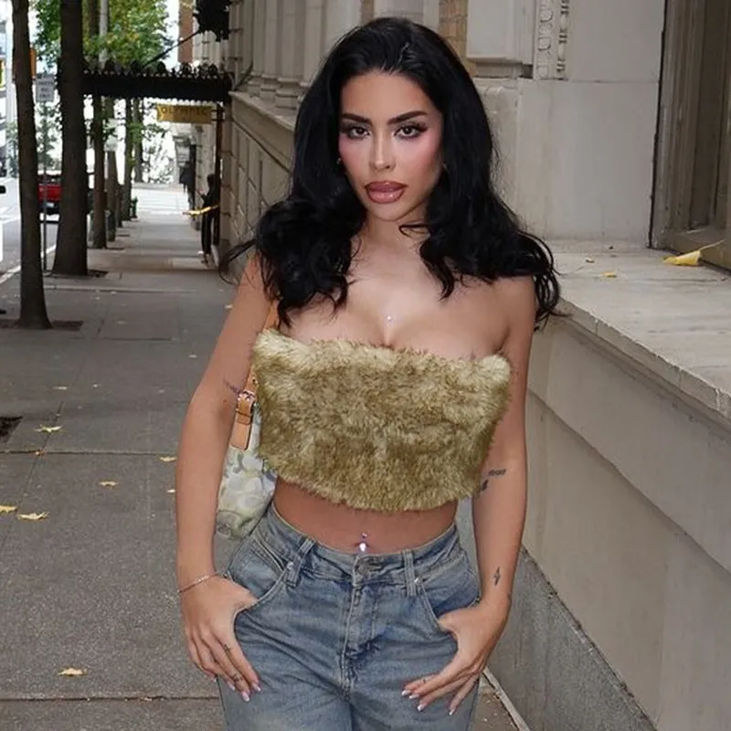Luxurious Furry Strapless Backless Crop Top for Bold Winter Style