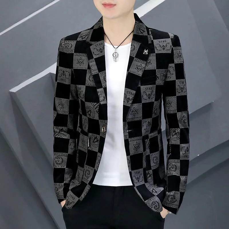 Luxury Vintage Print Men Blazers Business Casual Suit Jacket Slim Social Wedding Groom Blazer Masculino Streetwear Men Clothing
