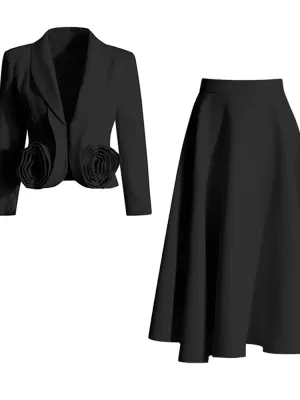 Maggie Lapel Long Sleeve Spliced Appliques Top High Waist A-Line Skirt Chic Set