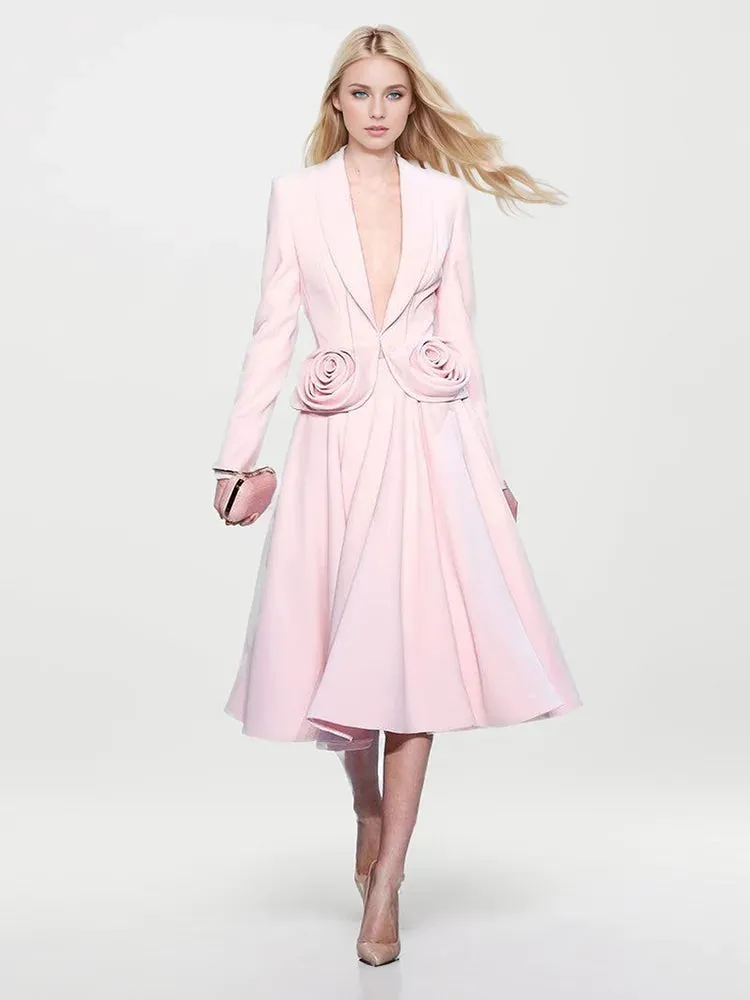 Maggie Lapel Long Sleeve Spliced Appliques Top High Waist A-Line Skirt Chic Set