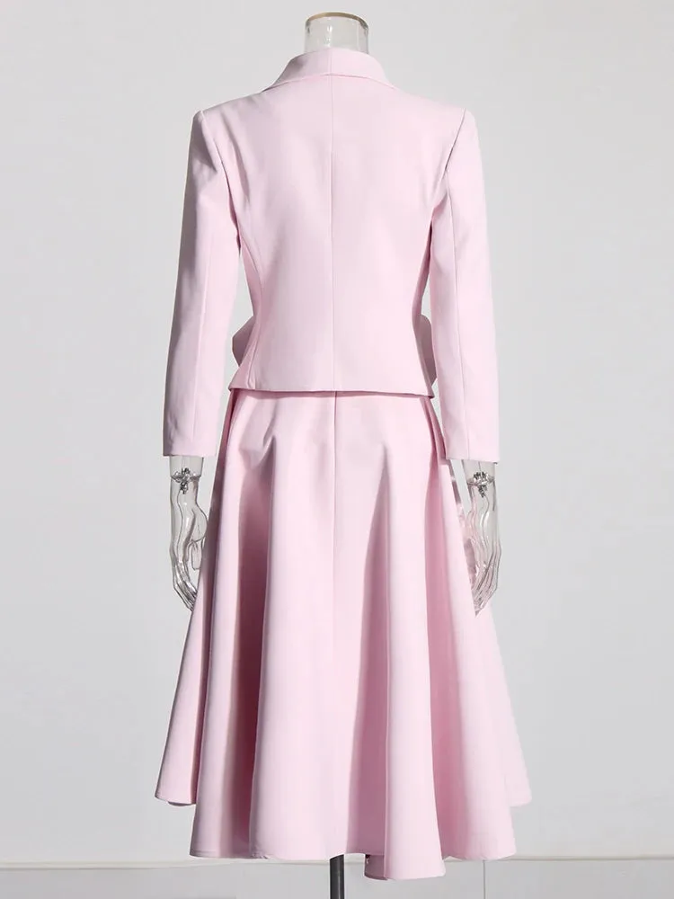Maggie Lapel Long Sleeve Spliced Appliques Top High Waist A-Line Skirt Chic Set