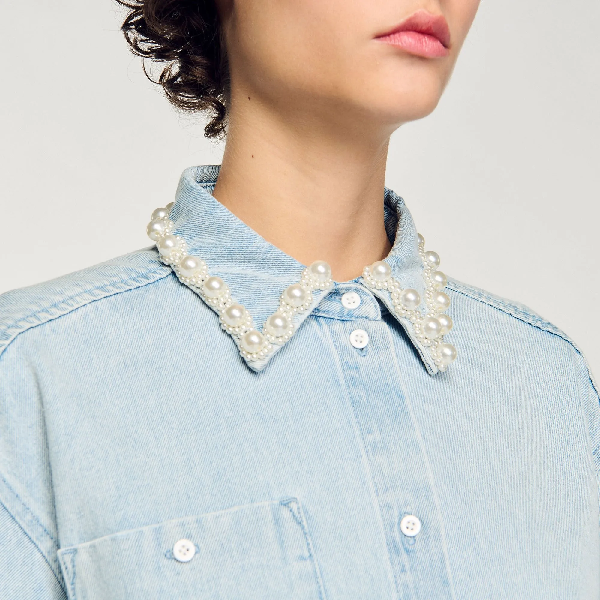 Maia Denim Shirt With Beaded Collar Light Bu Jean