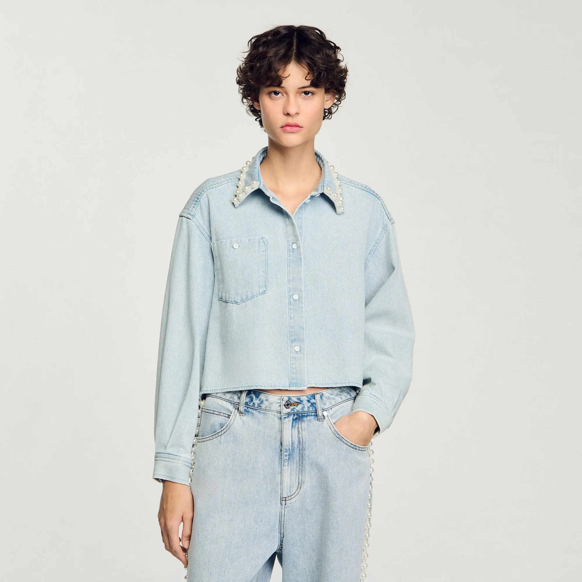 Maia Denim Shirt With Beaded Collar Light Bu Jean