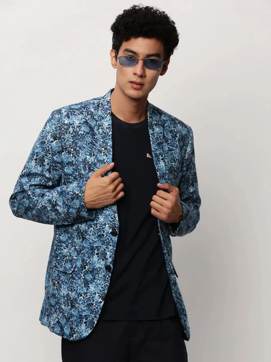 Men Blue Printed Casual Blazers-SOBLZ-082-6-Blue