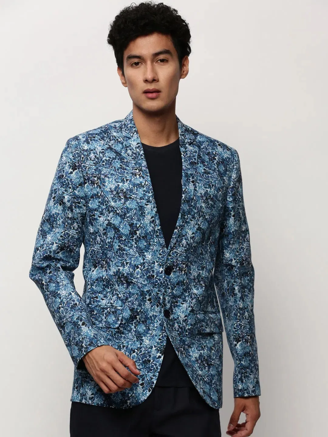 Men Blue Printed Casual Blazers-SOBLZ-082-6-Blue