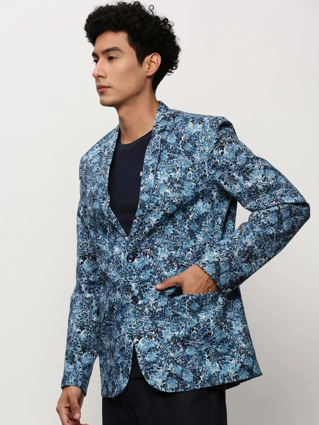Men Blue Printed Casual Blazers-SOBLZ-082-6-Blue