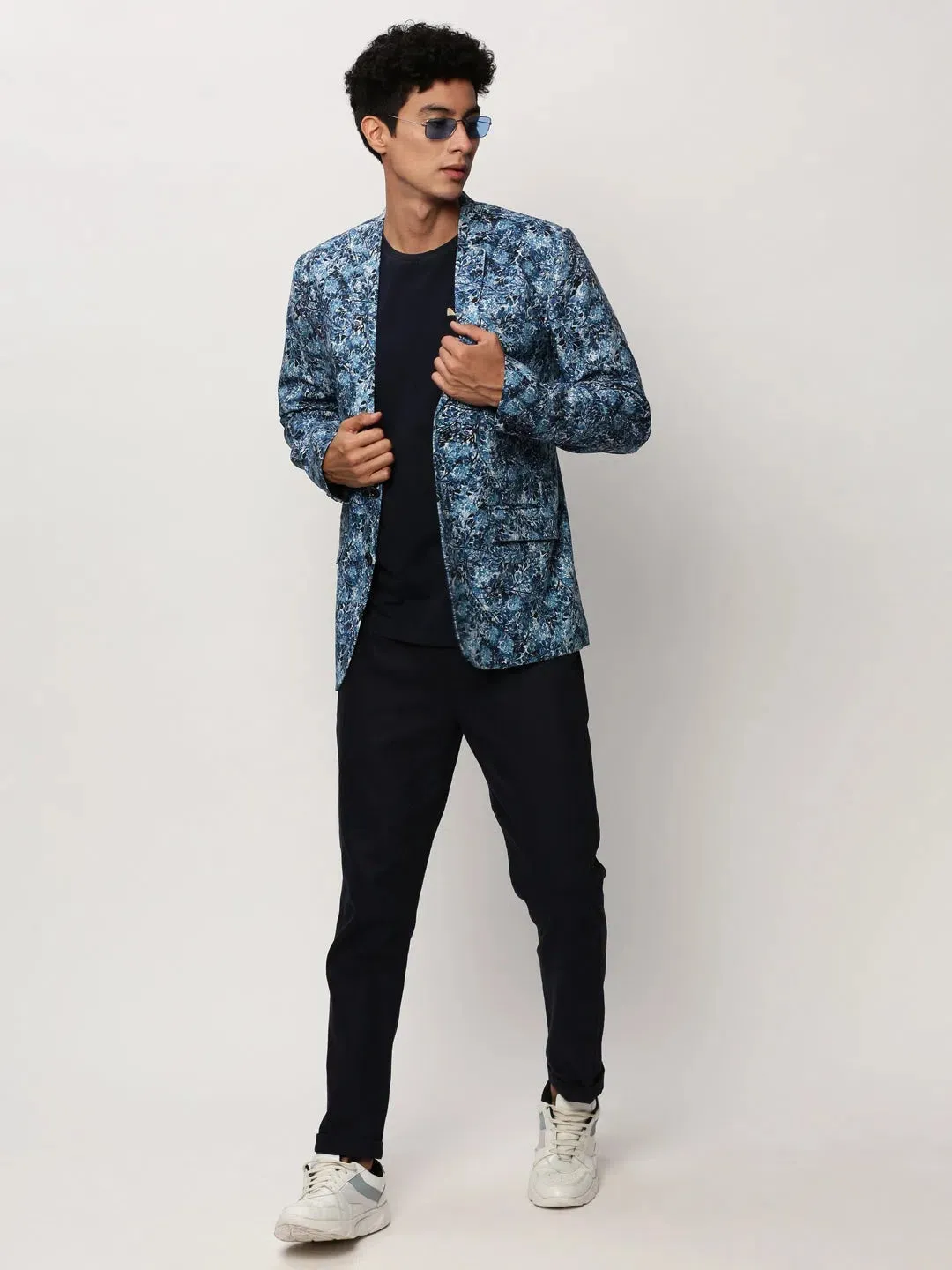 Men Blue Printed Casual Blazers-SOBLZ-082-6-Blue