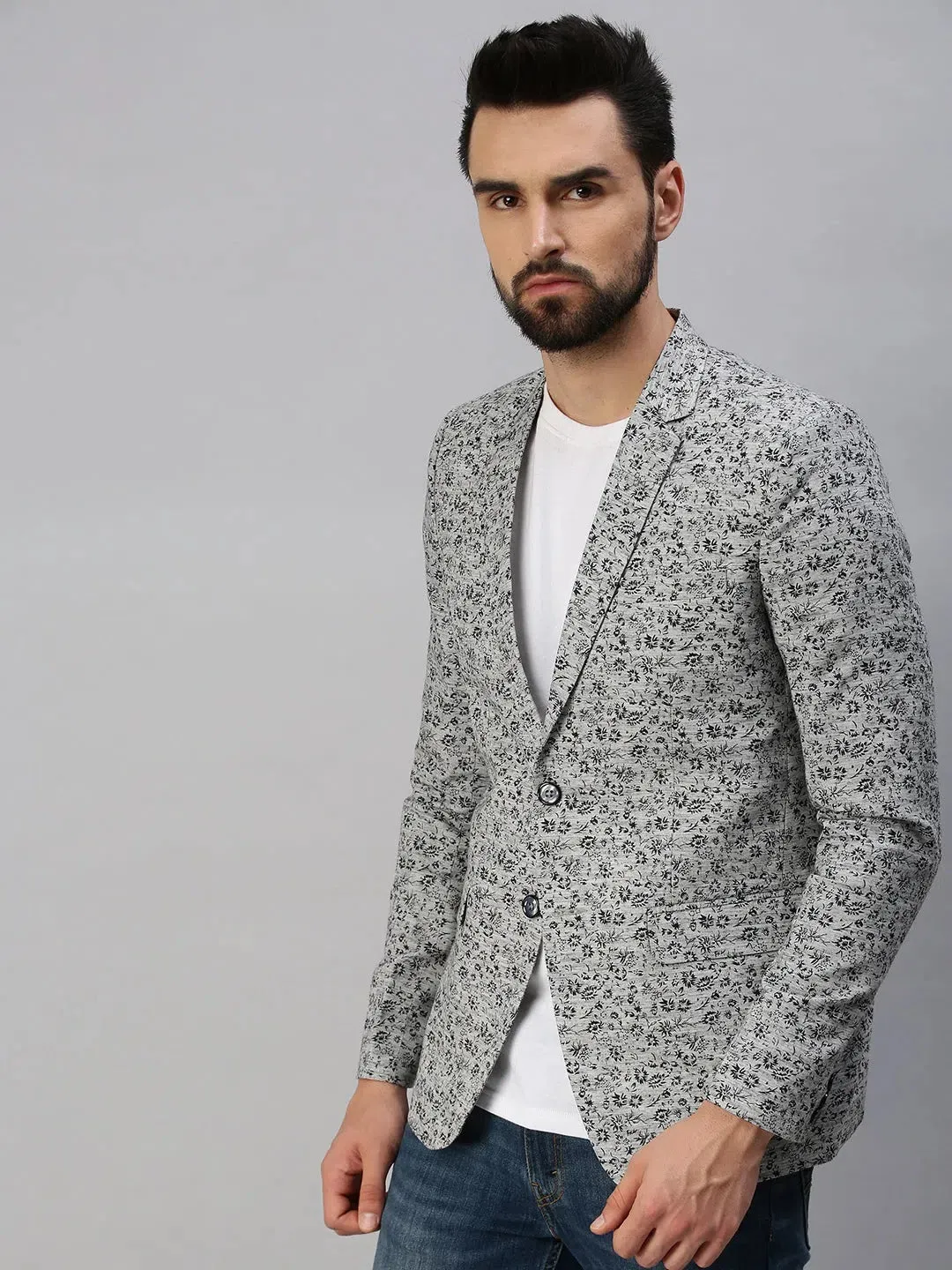 Men Grey Printed Party Blazers-SOBLZ247-Grey