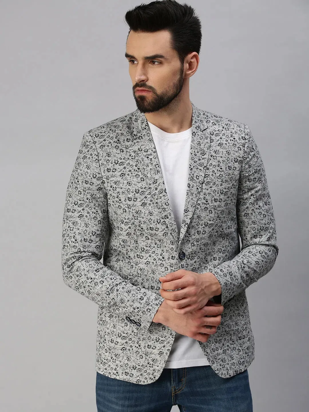 Men Grey Printed Party Blazers-SOBLZ247-Grey