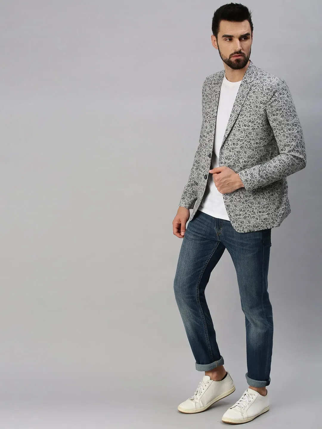 Men Grey Printed Party Blazers-SOBLZ247-Grey