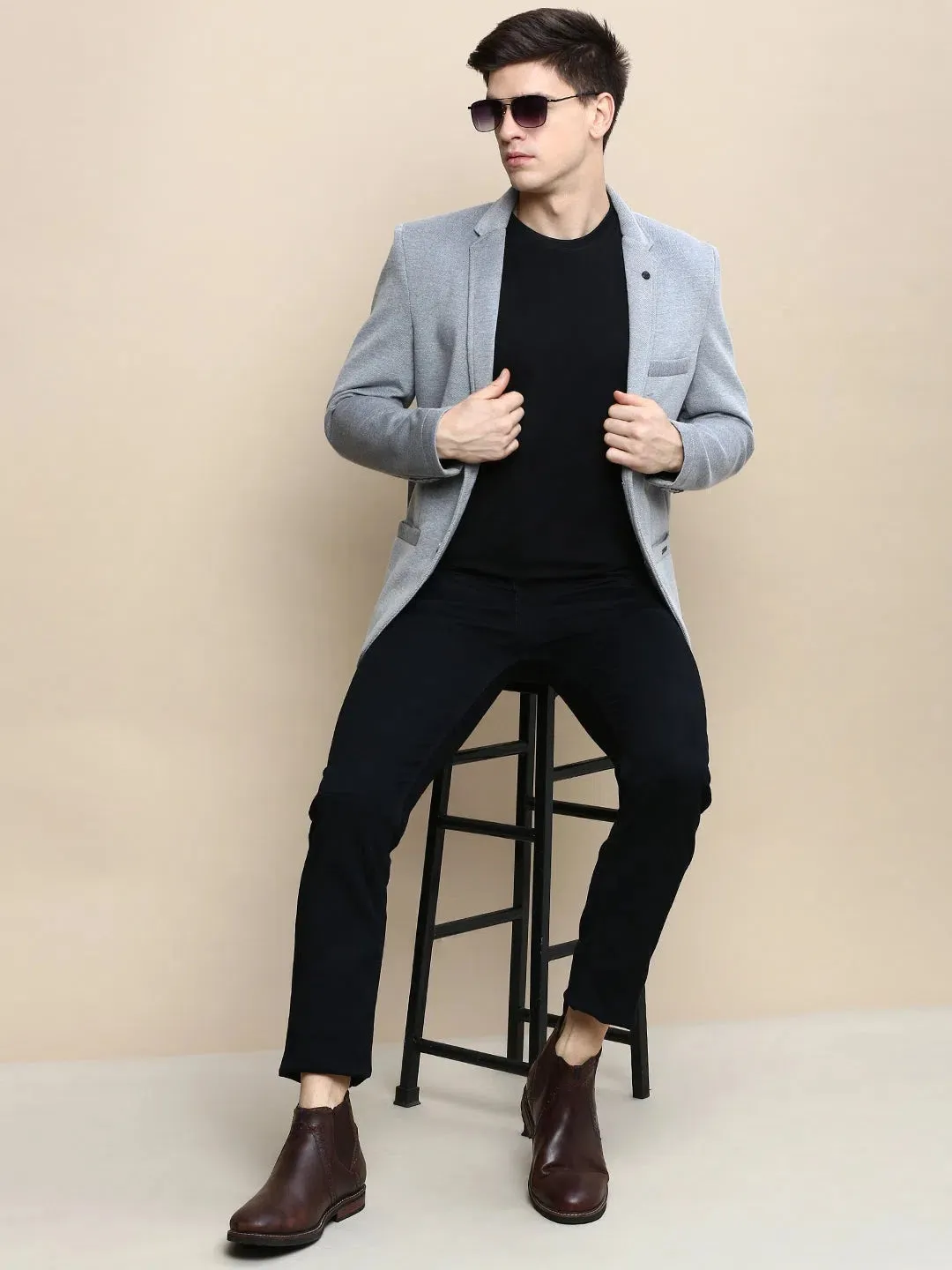 Men Grey Solid Casual Blazers-AR-41-Grey