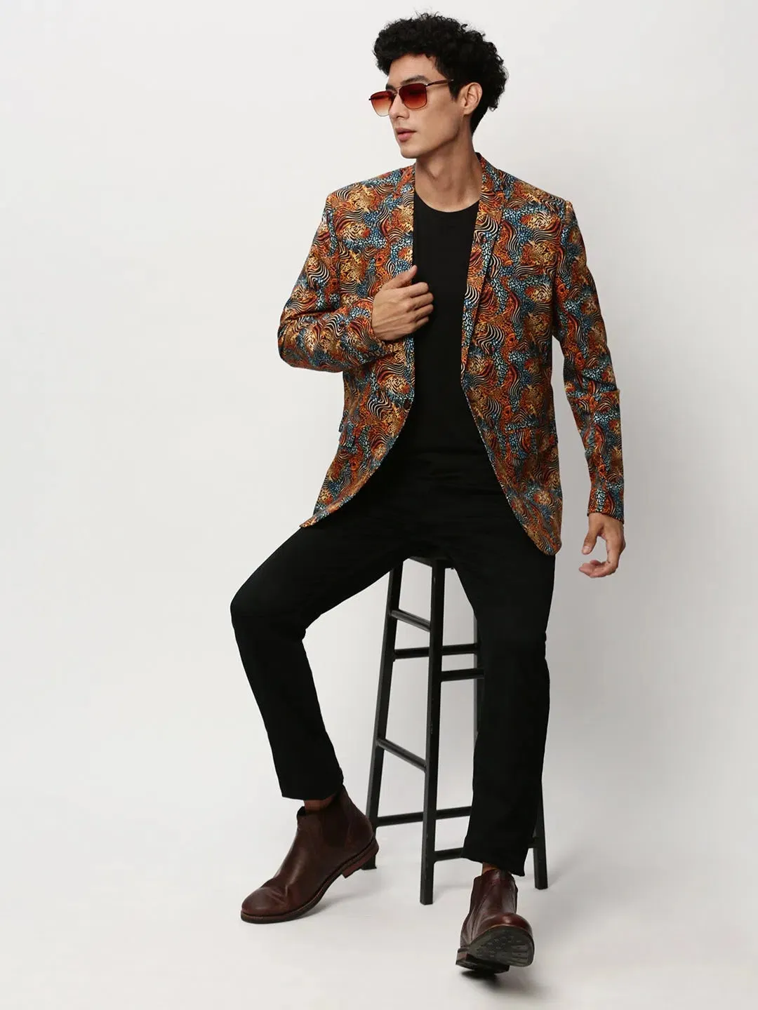 Men Orange Printed Casual Blazers-SOBLZ-080-7-Orange