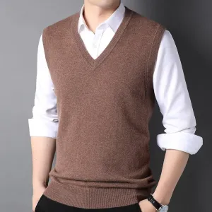 Mens V-Neck Cashmere Vest Sleeveless Soft Knit Pullover Ribbed Hem