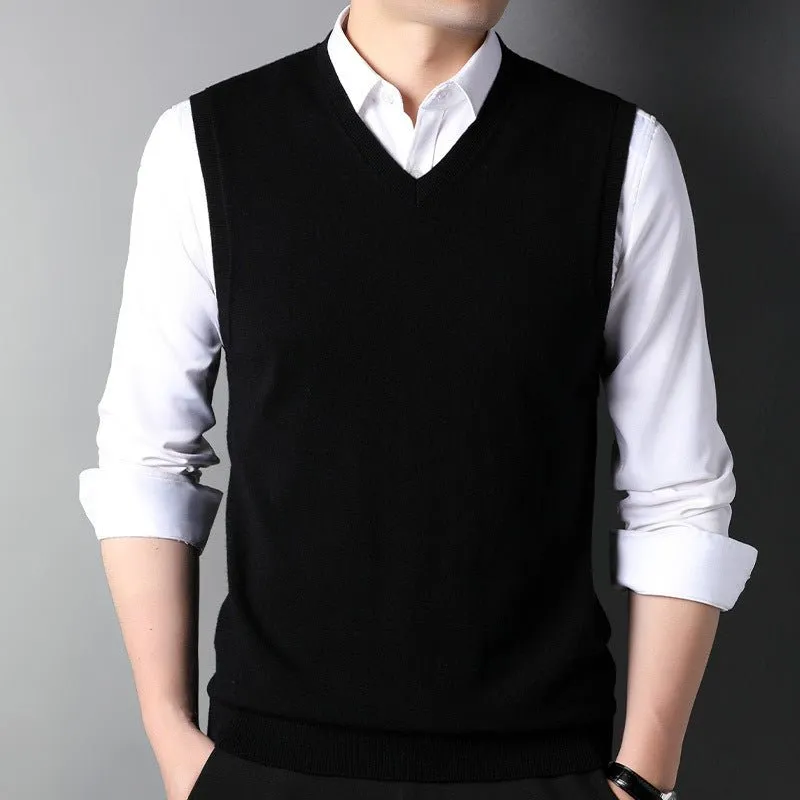 Mens V-Neck Cashmere Vest Sleeveless Soft Knit Pullover Ribbed Hem
