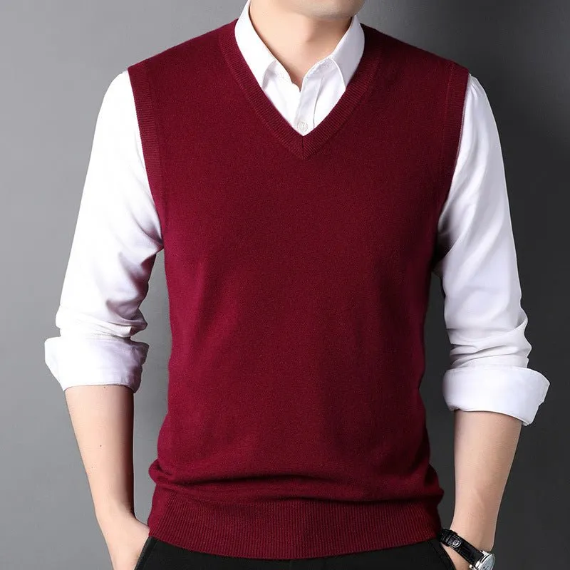 Mens V-Neck Cashmere Vest Sleeveless Soft Knit Pullover Ribbed Hem