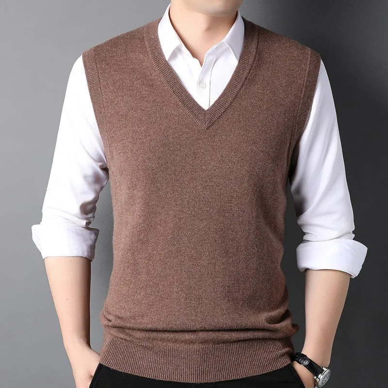 Mens V-Neck Cashmere Vest Sleeveless Soft Knit Pullover Ribbed Hem
