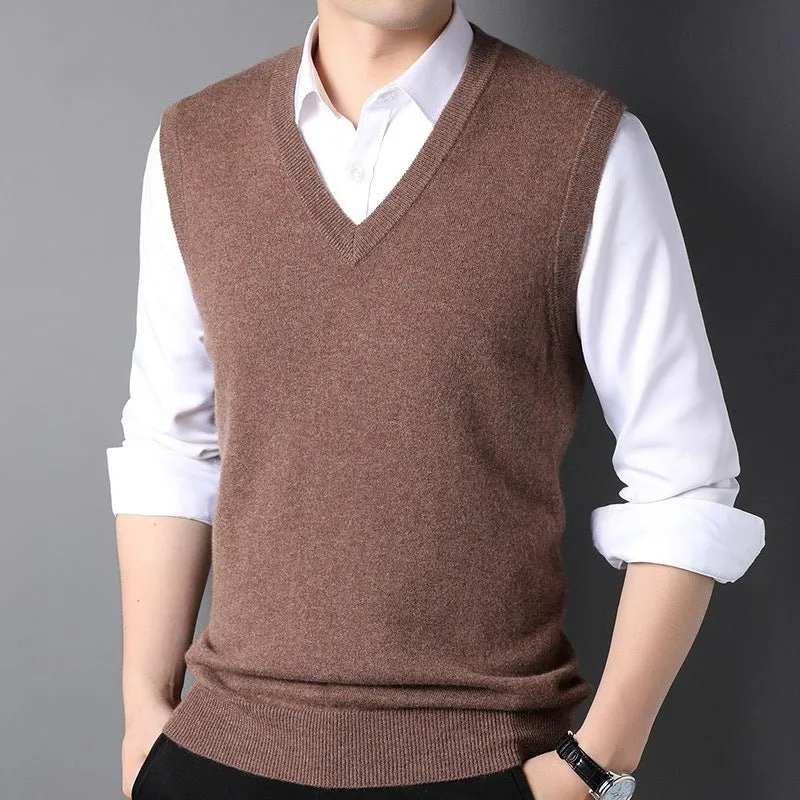 Mens V-Neck Cashmere Vest Sleeveless Soft Knit Pullover Ribbed Hem