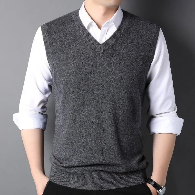 Mens V-Neck Cashmere Vest Sleeveless Soft Knit Pullover Ribbed Hem
