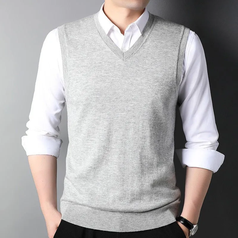 Mens V-Neck Cashmere Vest Sleeveless Soft Knit Pullover Ribbed Hem