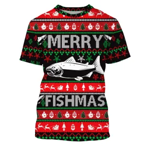 Merry Fishmas funny ugly Christmas salmon fishing T-shirt, gift for fishing lovers NPQ338