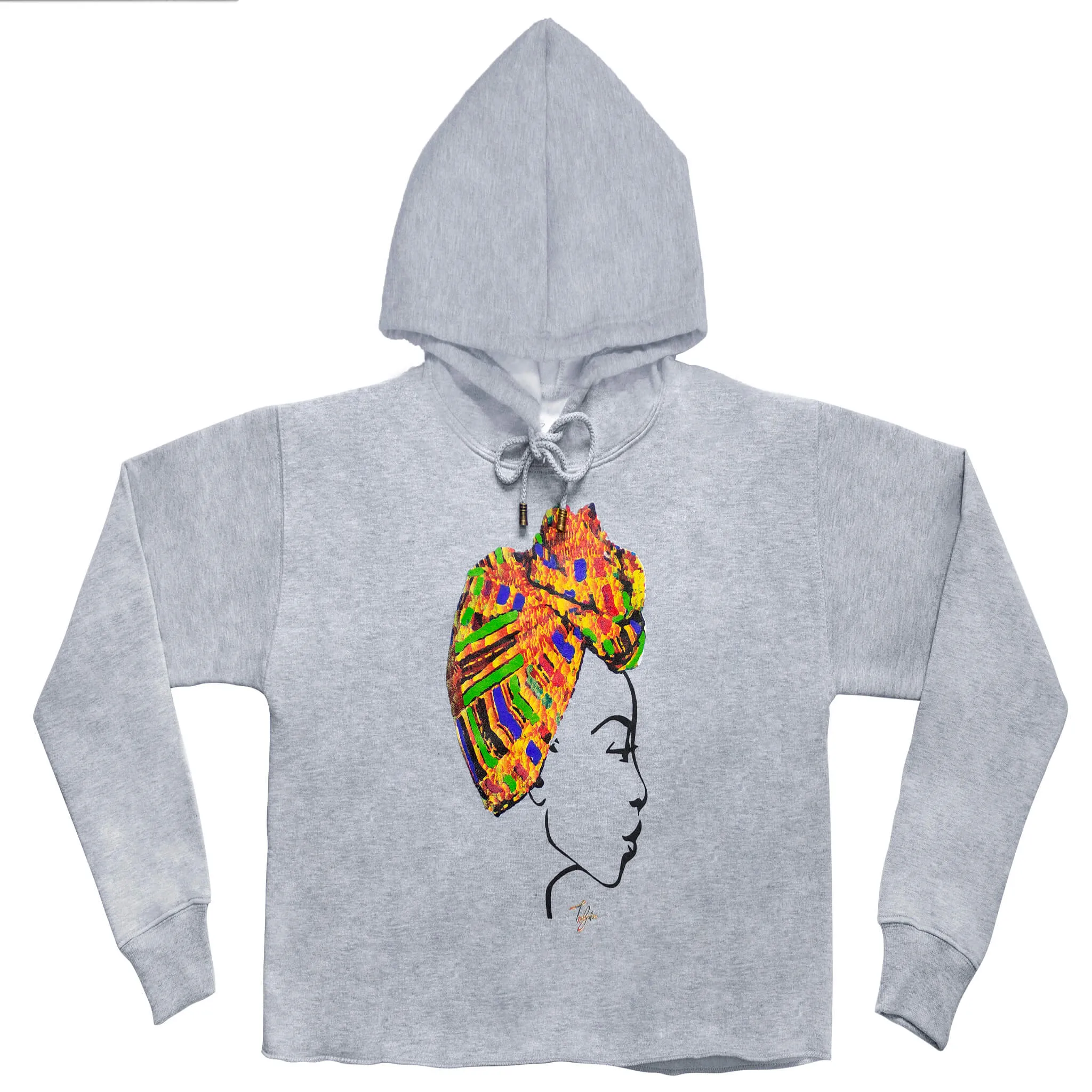 MISS AFRICA WITH TRADITIONAL FESTIVAL HEAD WRAP (LADIES CROPPED FRENCH TERRY HOODIE)