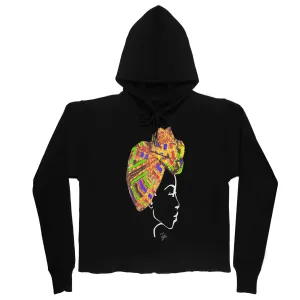 MISS AFRICA WITH TRADITIONAL FESTIVAL HEAD WRAP (LADIES CROPPED FRENCH TERRY HOODIE)
