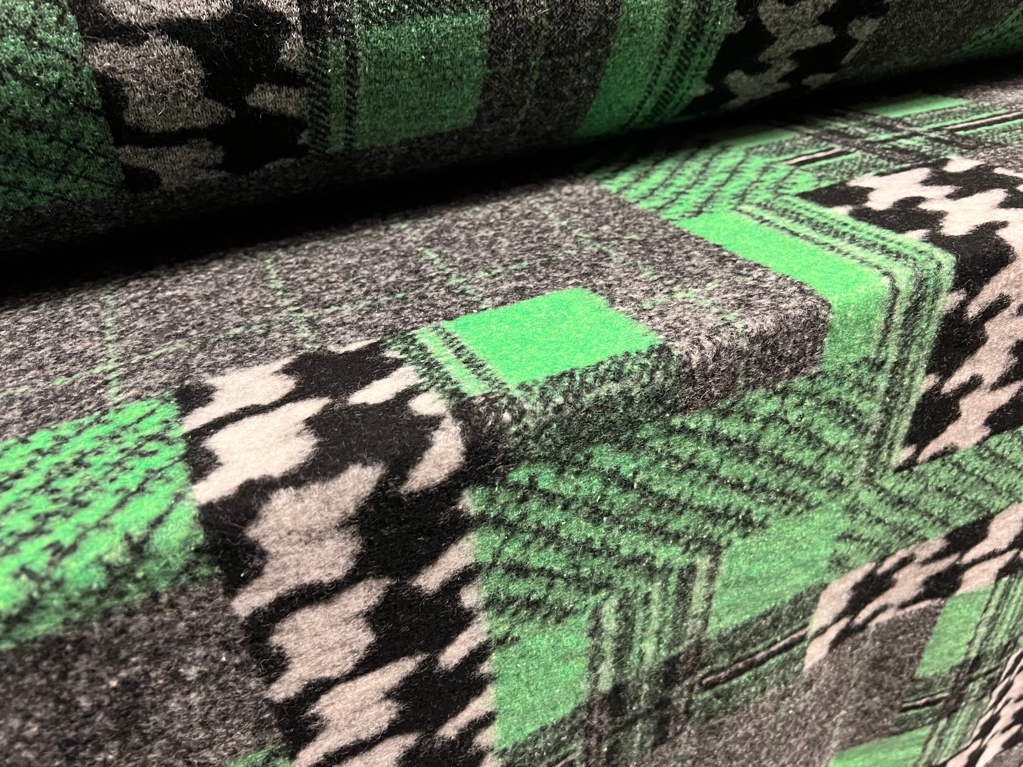 Montana - Wool mouflon flannel fabric, per metre - jumbo houndstooth patchwork design - green & black