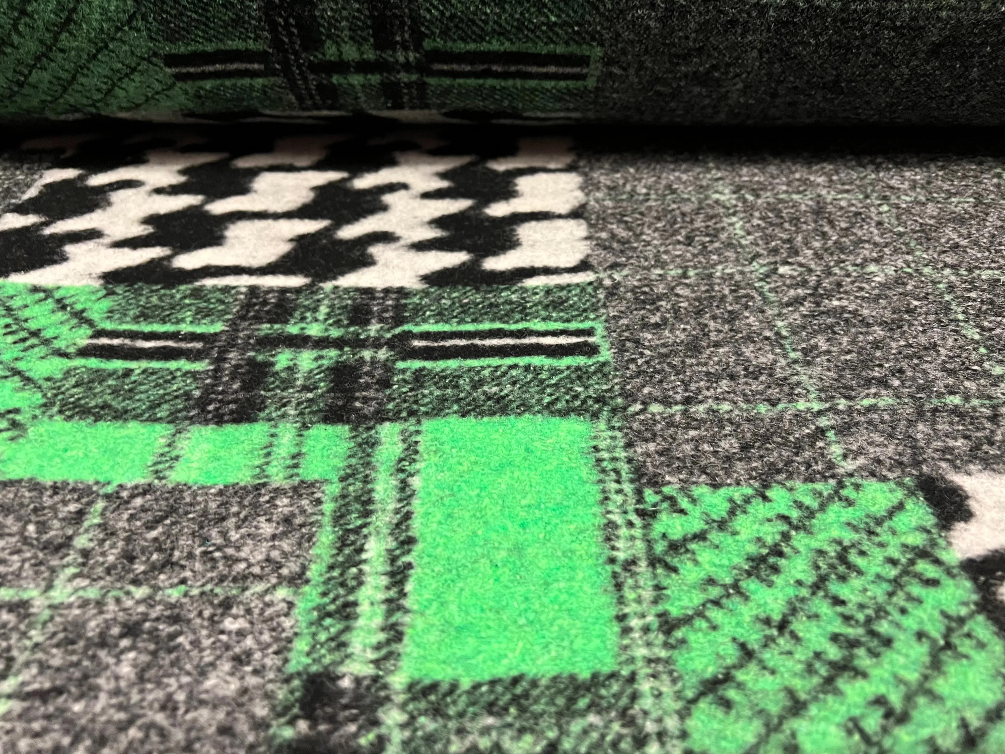 Montana - Wool mouflon flannel fabric, per metre - jumbo houndstooth patchwork design - green & black