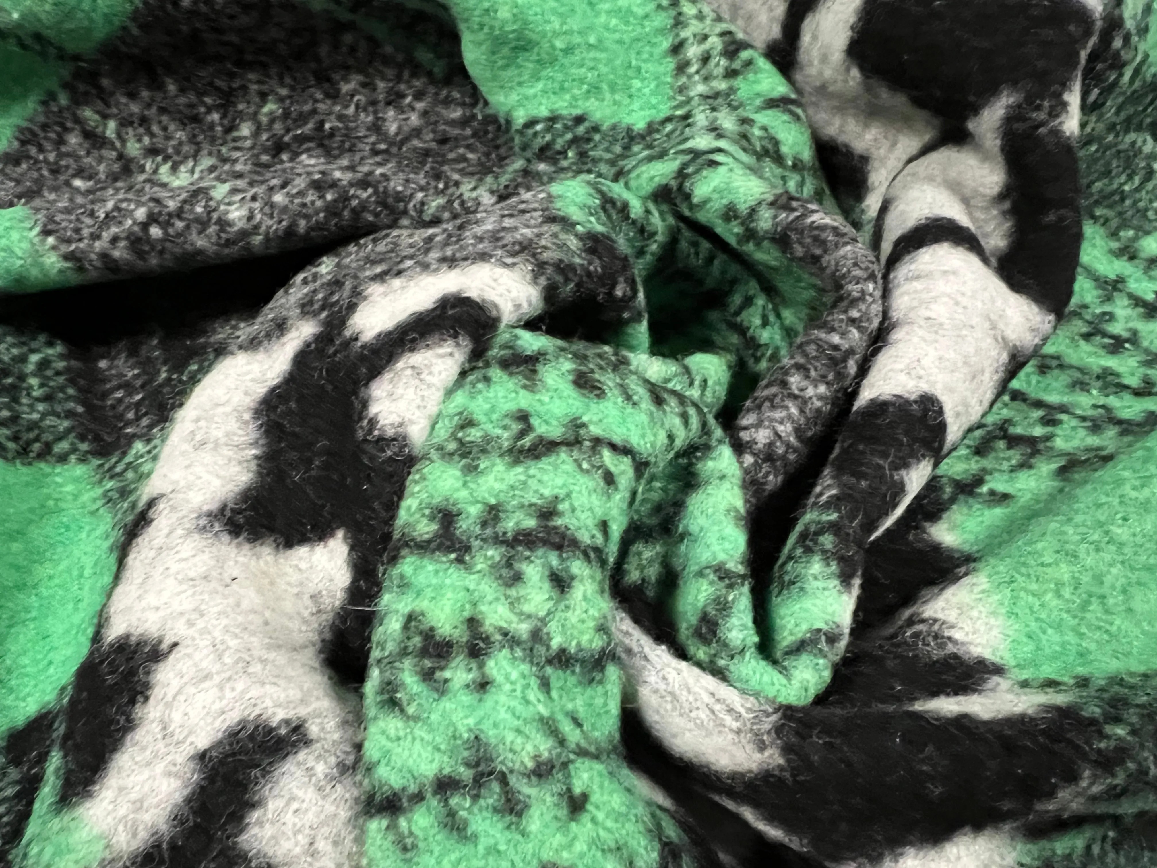 Montana - Wool mouflon flannel fabric, per metre - jumbo houndstooth patchwork design - green & black