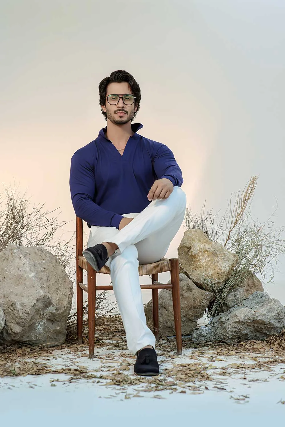 Navy Blue Full Sleeves Open Collar Structured Polo Shirt